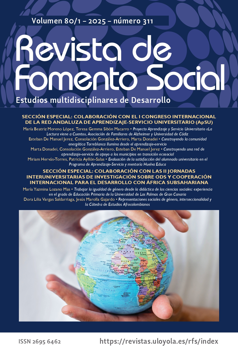 Esta edición especial de la Revista de Fomento Social está dedicada al potencial transformador del aprendizaje-servicio universitario como herramienta clave para vincular el conocimiento académico con el compromiso social, gracias a la colaboración con el I Congreso Internacional de la Red Andaluza de Aprendizaje-Servicio Universitario. A través de diversos estudios y experiencias, se muestra cómo la universidad puede convertirse en un actor activo en la construcción de comunidades más justas y sostenibles. Entre las investigaciones incluidas se encuentran proyectos de apoyo a personas con Alzheimer mediante la lectura, redes de colaboración para la transición ecosocial en municipios, y programas de mentoría educativa como Huelva Educa que fortalecen la formación integral del alumnado. El número también incorpora investigaciones sobre igualdad de género y categorías interseccionales en contextos educativos, tanto en España como en Colombia, abordando los desafíos de la justicia social desde la enseñanza de las ciencias sociales. Además, se incluye la colaboración con las II Jornadas Interuniversitarias sobre los Objetivos de Desarrollo Sostenible y la cooperación con África Subsahariana, reforzando así la dimensión global y solidaria de este número, que se abre con un obituario dedicado a José Juan Romero SJ, figura clave en la Universidad Loyola en la defensa, a través de la formación y de la investigación, de una conciencia comprometida con el mundo.